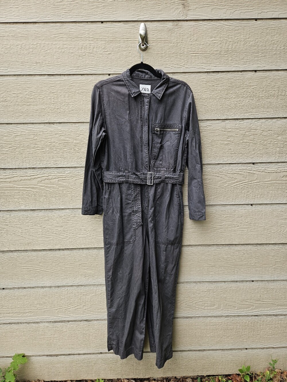 Zara gray tencel cargo utility jumpsuit boilersuit large with flaw